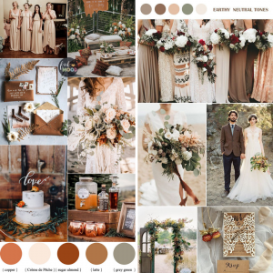 2022 wedding trends and themes that use neutral colors for dresses, invitations, and wedding decor