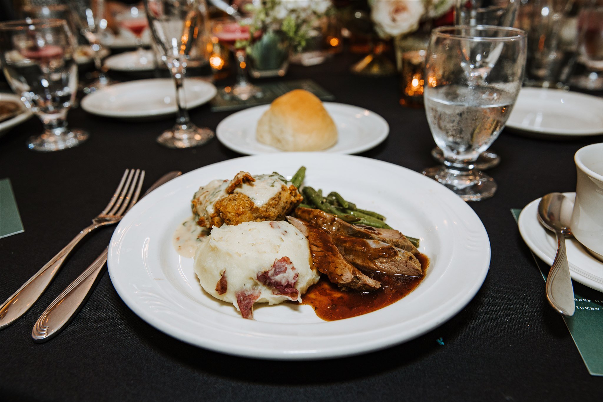 different meat and side selection from a menu designed for wedding rehearsal dinners