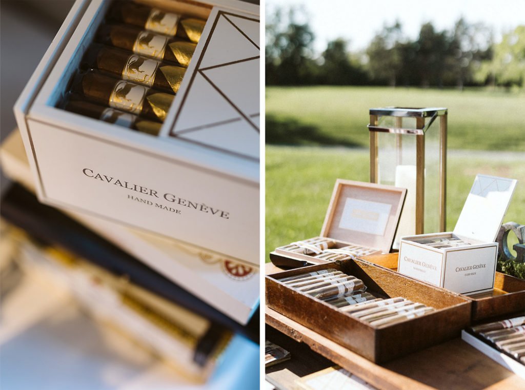 nicely curated cigar boxes for the groom and groomsmen as wedding favors for the wedding party